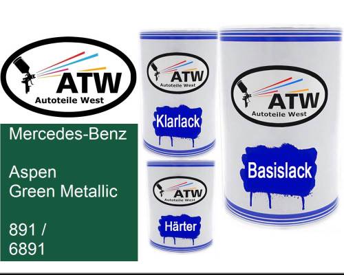 Mercedes-Benz, Aspen Green Metallic, 891 / 6891: 500ml Lackdose + 500ml Klarlack + 250ml Härter - Set, von ATW Autoteile West.
